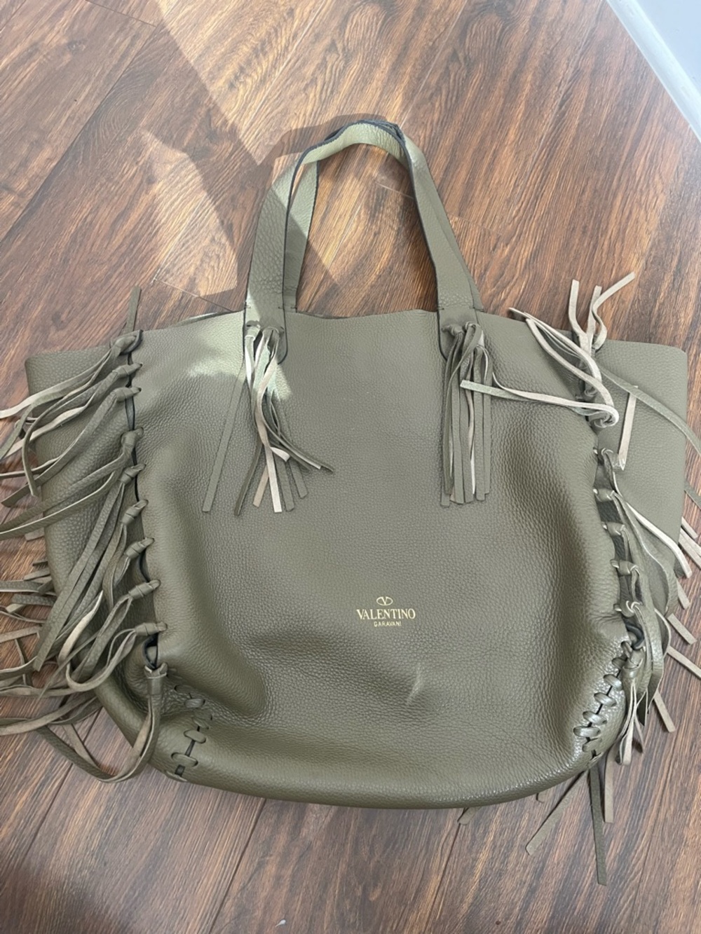 Valentino Garavani C-Rockee Fringe Leather Tote Bag Military Green